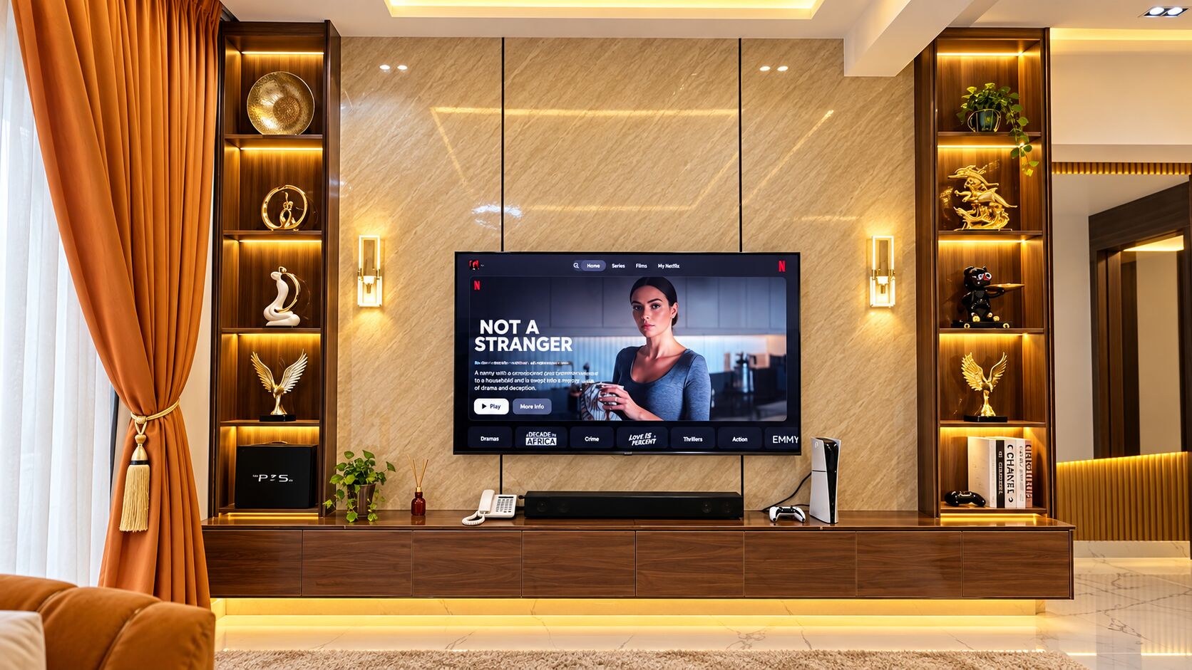 Detail of a backlit timber media wall in a suite
