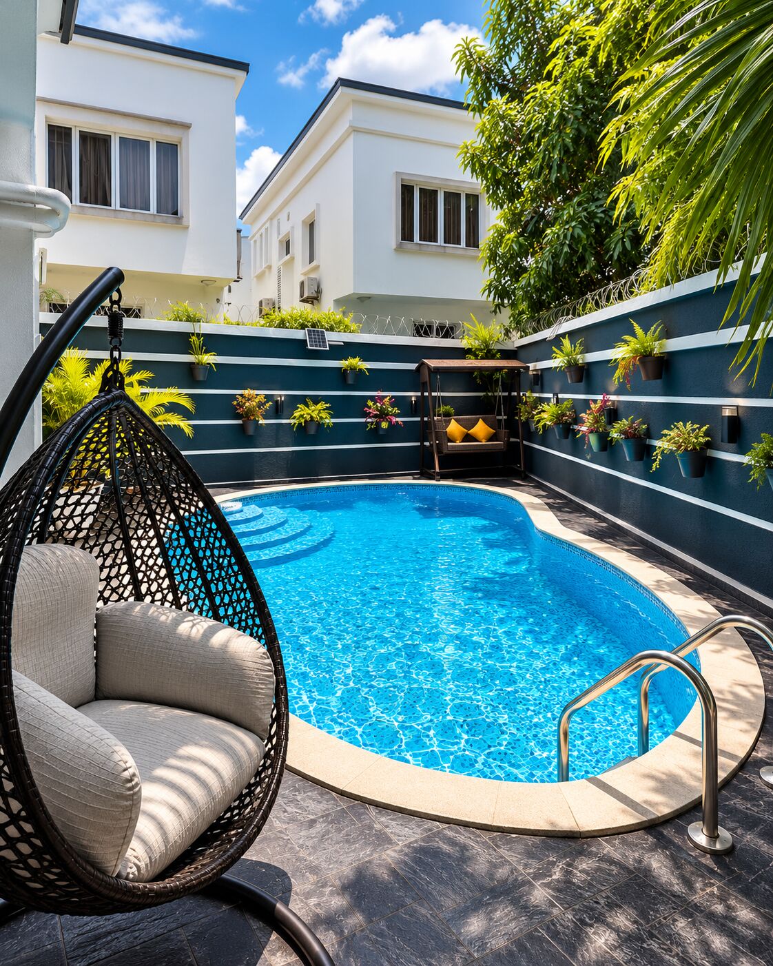 The pool on a sunny day with a hanging egg chair and planted walls