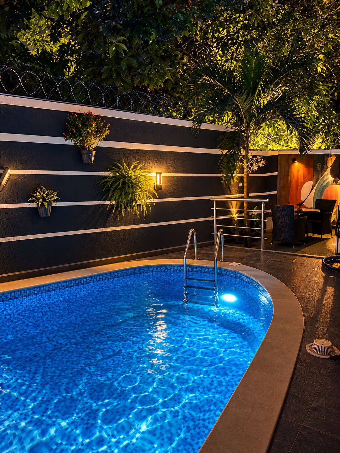 The pool lit at night with wall lanterns